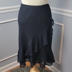 CHAPS Black White Polka-Dot Tiered Ruffled Elastic Waist Retro Office Skirt Sz M